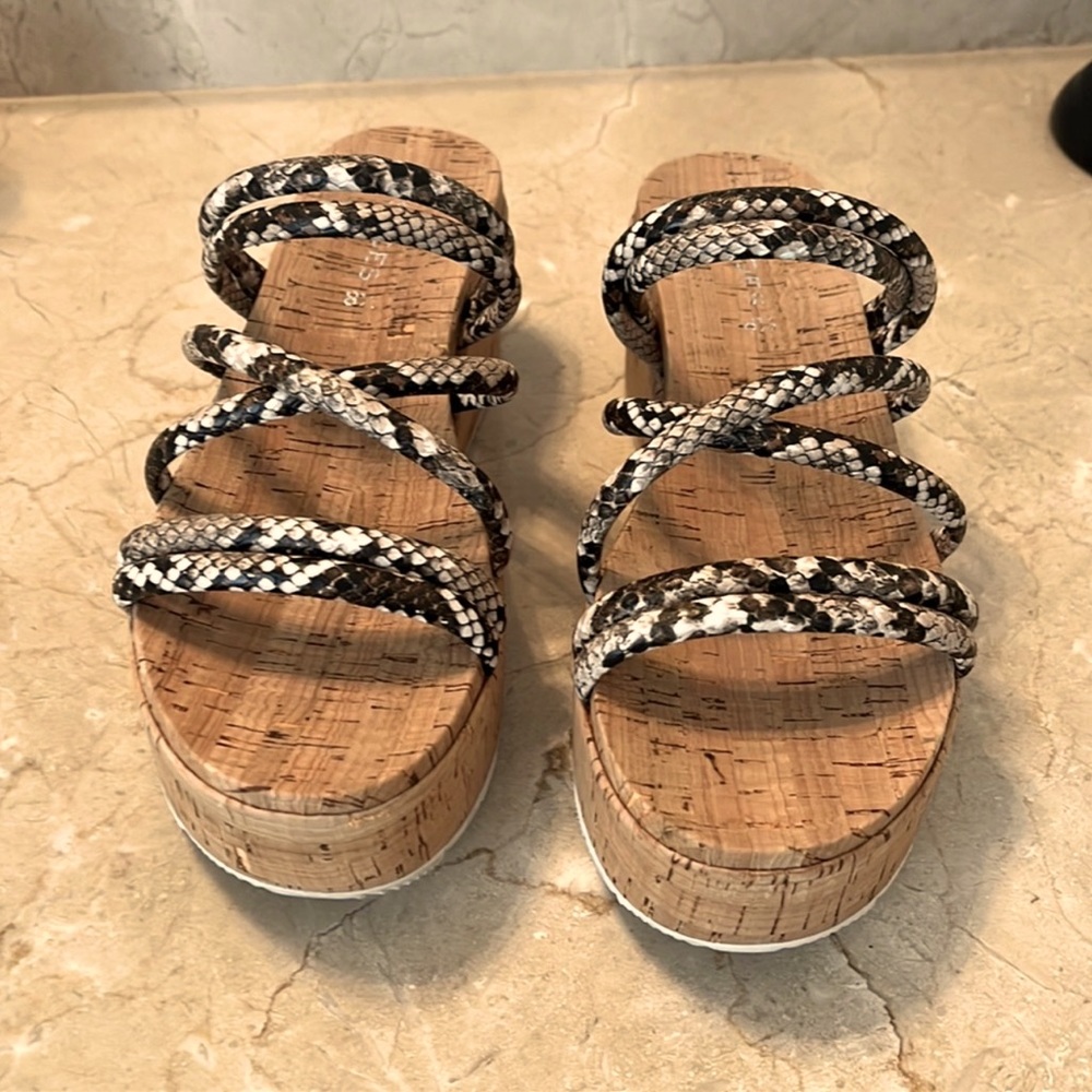 J Slides Cork wedge, 8.5 snakeskin printed straps
